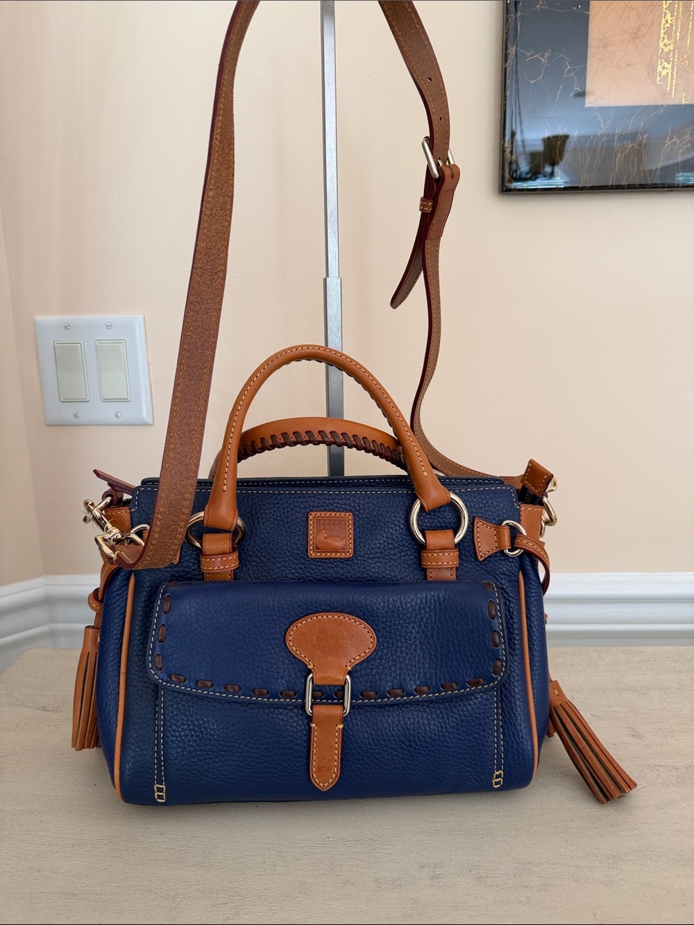 Dooney & Bourke Cobalt Leather Pebbled Satchel with Tassels